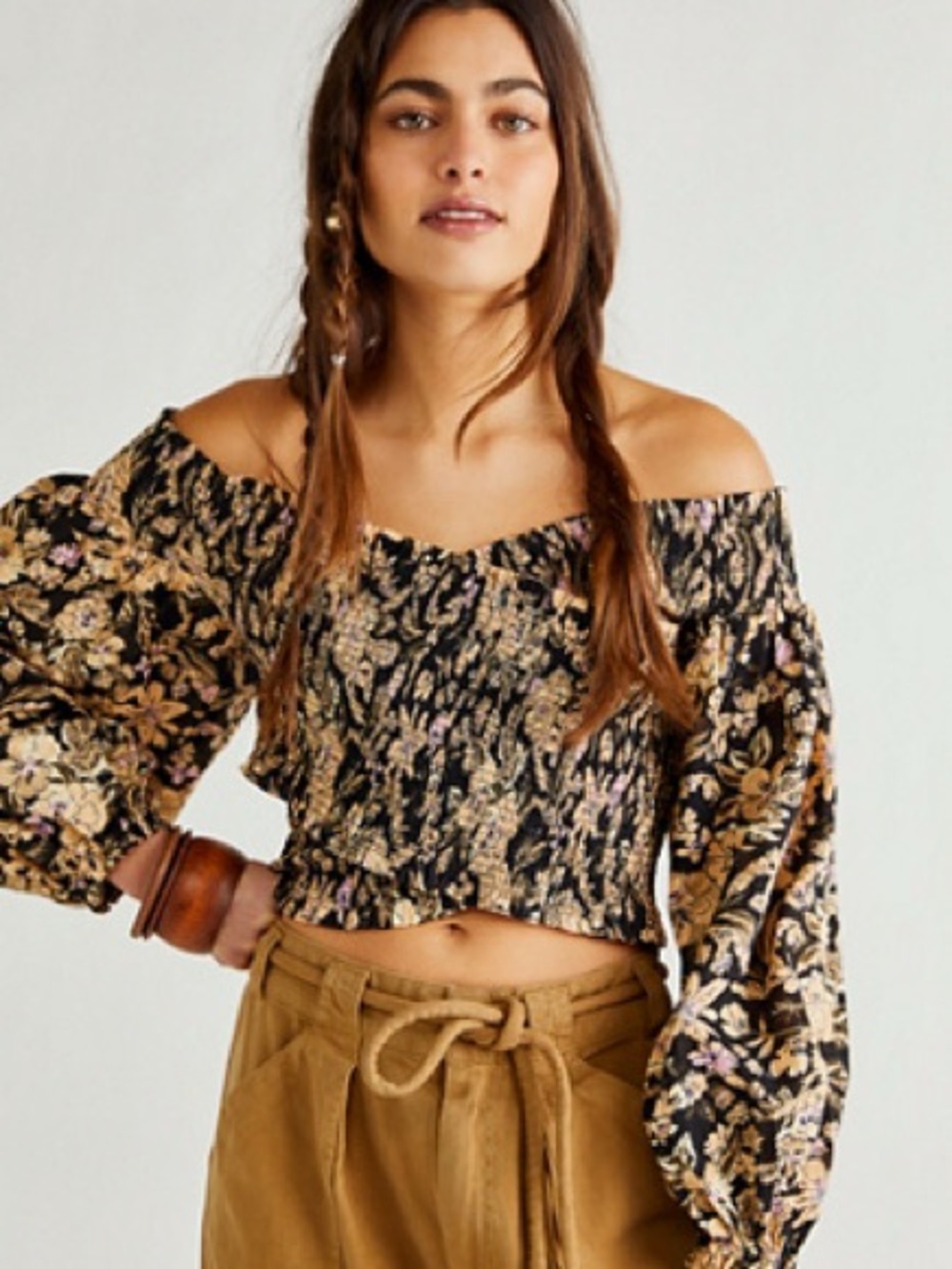 Free People East To West Smocked Top Black Floral Off Shoulder Blouse XS EUC